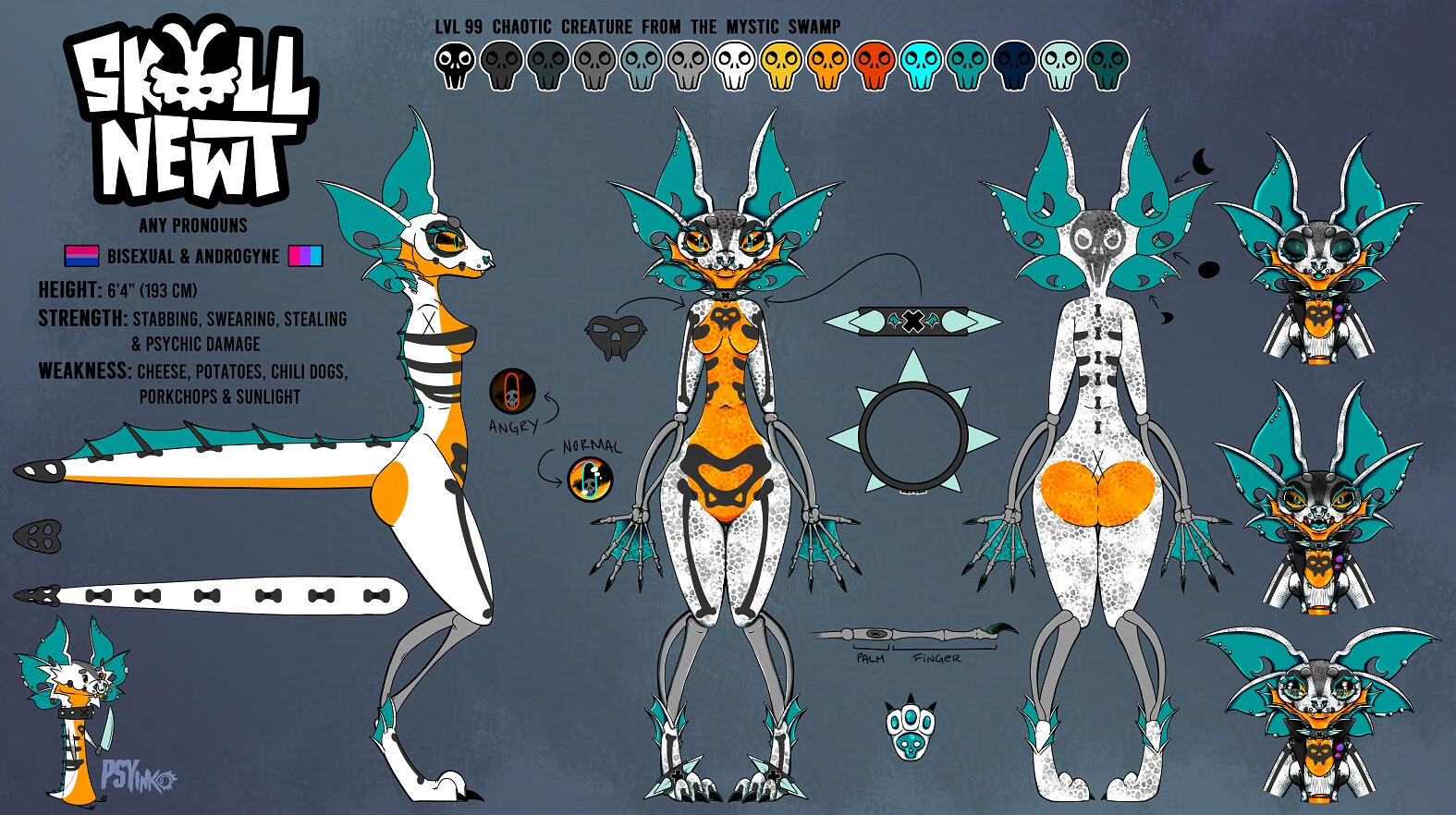 Anthro SkullNewt reference sheet; art & design by PSYinko