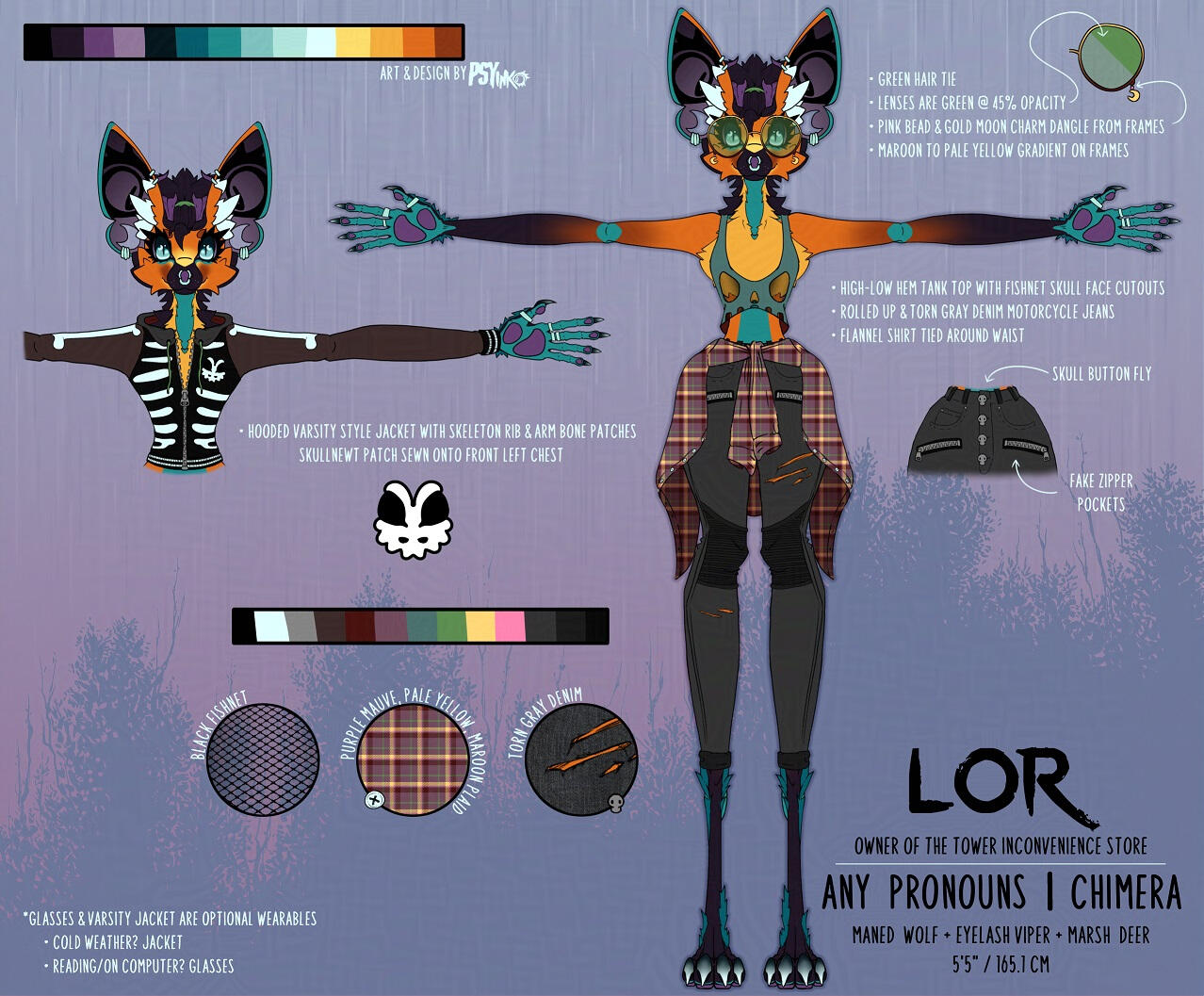 Only front view of outfit. High-low hem tank top with a fishnet skull pattern, rolled up torn gray denim moto jeans, flannel shirt tied around the waist. Optional: Round glasses and skeleton rib pattern varsity style jacket.